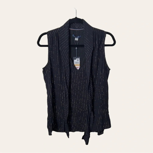 NWT TOMMY HILFIGER SIZE SMALL DRESSY TOP BLACK AND GOLD STRIPE V NECKLINE - Picture 1 of 11